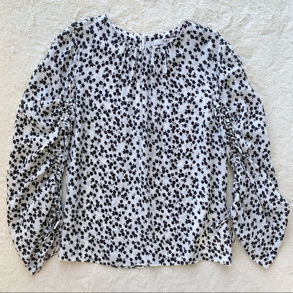 Tibi black white ditsy floral adjustable ruched sleeve blouse viscose size 8 - Picture 2 of 10